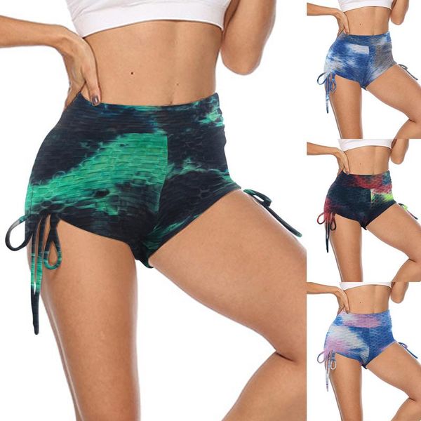 

women's yoga shorts hip high waist tie-dye printing wrinkles exercise running sport shorts for women gym leggings dropship 0417, White;red
