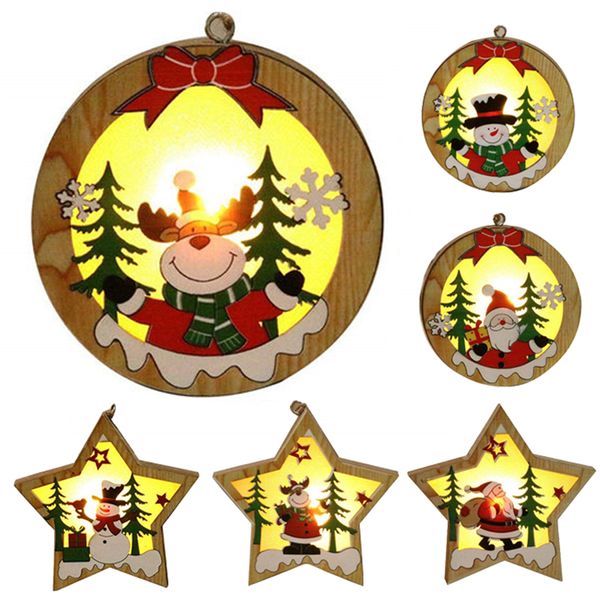 LED Light Chalet in legno fai-da-te Stella di legno di Natale Lampada con cornice rotonda Ornamento luminoso per l'albero di Natale Ornamenti pendenti appesi