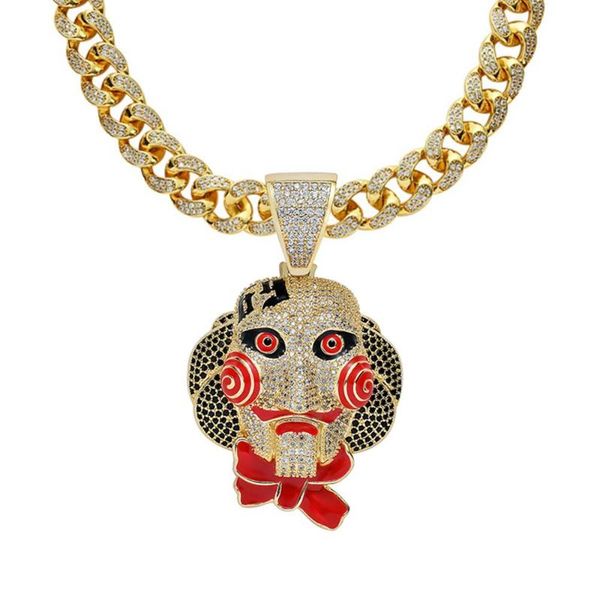 

pendant necklaces hip hop style jewelry men grimace charm gold funny face micro setting high polish cuban chain necklace, Silver