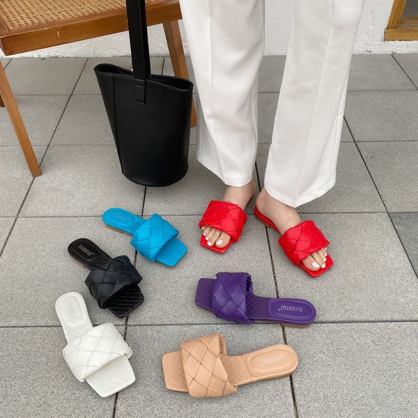 

2020 women slides square toe weave flat slippers summer outdoor slipper women beach sandals, Black