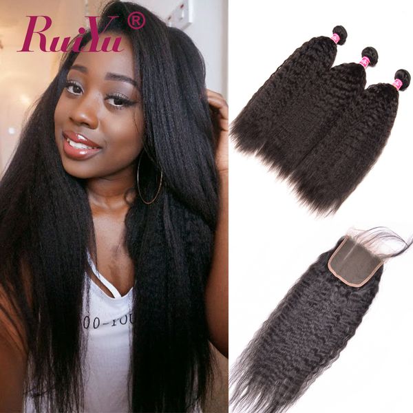

ruiyu kinky straight бразильский волос плетение связки с закрытие remy человеческих волос 3 связки с закрытие сыпучие волна связки с кружево, Black;brown