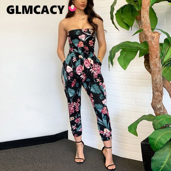 

women off shoulder floral printed fitted sleeveless tube jumpsuit summer strapless casual bodycon long jumpsuit overalls, Black;white