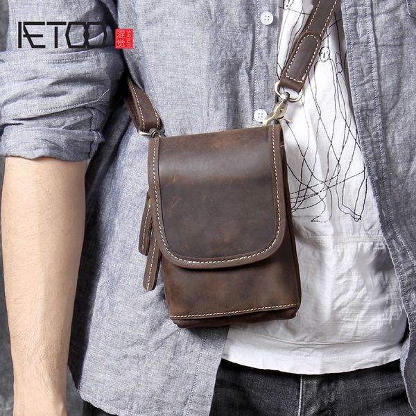 

aetoo mini mad horse leather shoulder oblique carry small bag men's chest bag original head cowhide mobile phone waistband