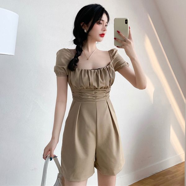 

summer pleated playsuit women short puff sleeve high waist wide leg shorts overalls square collar rompers jumpsuit solid w799, Black;white