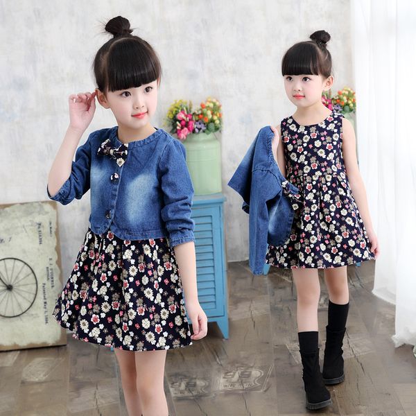 

baby clothing spring/autumn explosion models girls suit fashion denim jacket + flower dress two-piece sweet princess dress, White