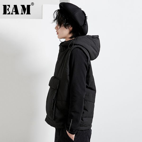 

eam] women big pocket zipper big size cotton-padded loose fit vest new hooded sleeveless fashion tide spring autumn 2020 1n271, Black;white