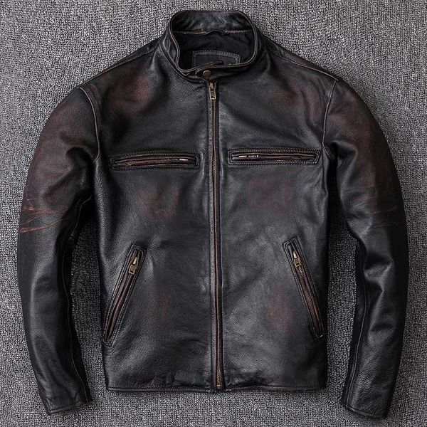 

vintage retro genuine jacket 2020 men cowhide stand collar motorcycle biker clothing casual simple leather coat, Black
