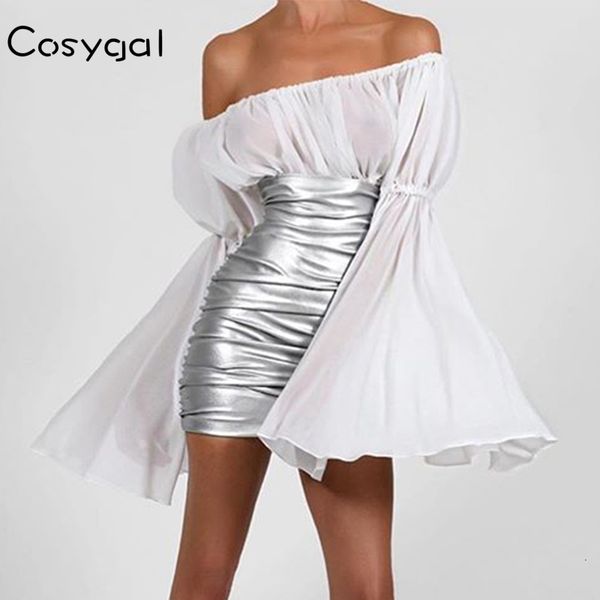 

cosygal 2020 strapless flare sleeve dress patchwork pu dress women bodycon pleated night club party dresses vestidos, Black;gray