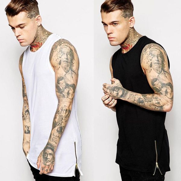 

new design zipper t-shirt men boy hip-hop white black sleeveless 100% cotton long t-shirts tee sport jogger tank gilet lgf0434