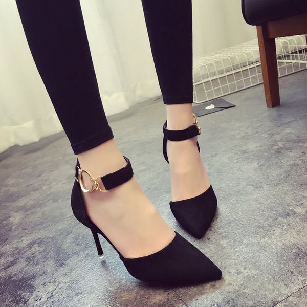 

2018 new korean version of suede pointed shallow mouth stiletto heels comfortable versatile high heels, Black