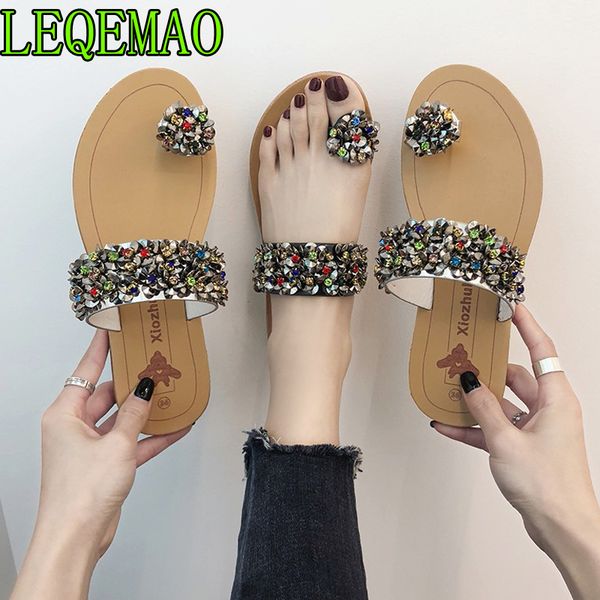 

new arrival summer female slippers women's low heels flip flops metal decoration crystal comfort all-match outside slippers, Black