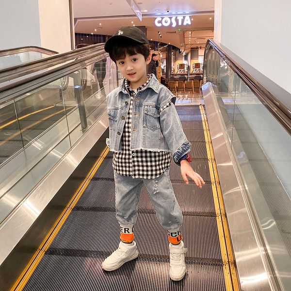 

2020 весна осень мальчики повседневная сплошной цвет решетки джинсовый комплект из трех частей, White