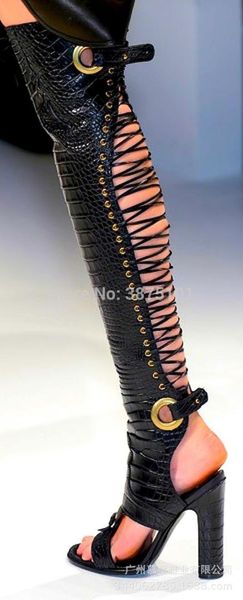 

luxury women boots back lace up knee high tall boots summer deep toe chunky heels, Black