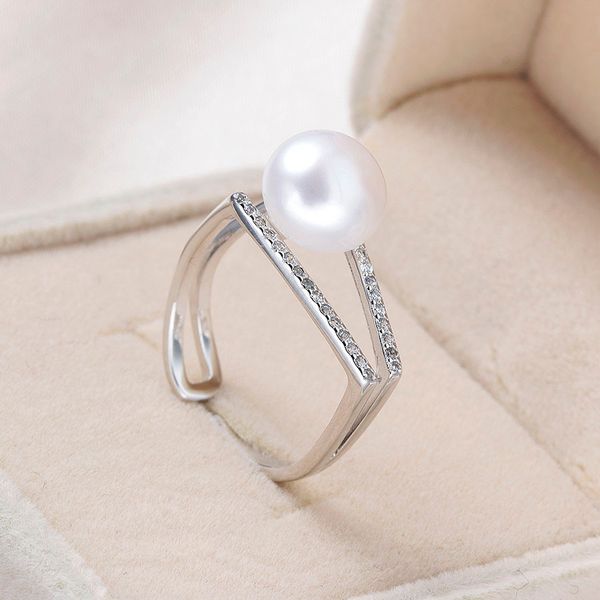 

new arrival trendy elegant girls fashion ring crystal shaped ring double set 9-9.5mm real freshwater pearl anel, Golden;silver