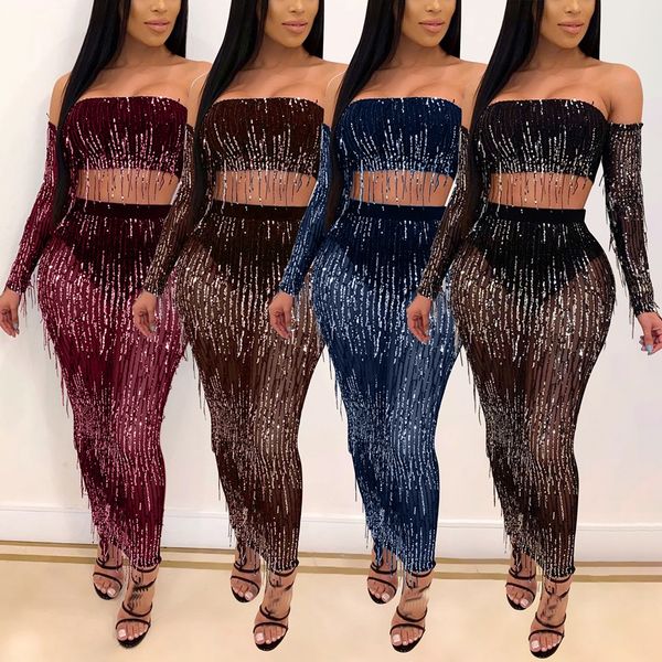 

jaycosin 2020 году женщины мода комплект одежды бахрома блесток сексуальная два кусок длинным рукавом и участник хип юбка соответствующие на, White