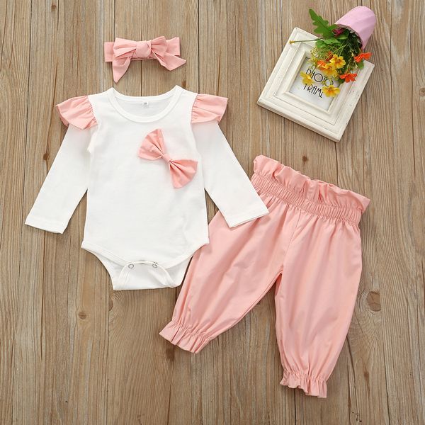

3pcs newborn clothes baby girls infant clothes set bowknot romper jumpsuit pants outfits autumn winter vetement enfant fille, White