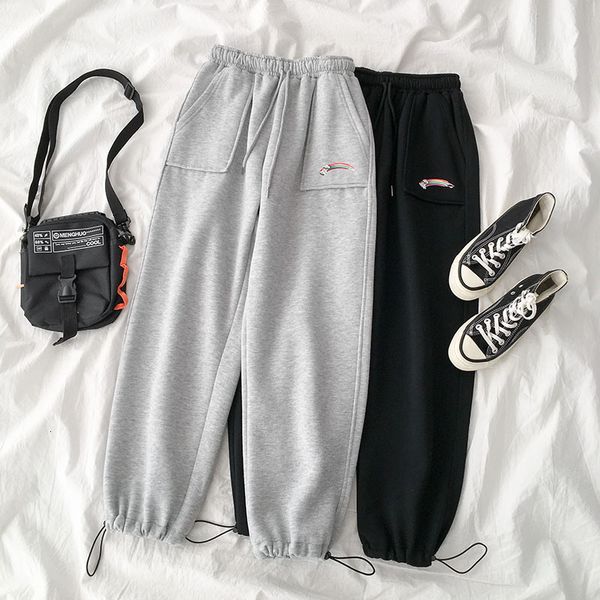 

thickening high waist casual trousers women rainbow printing gray black haren pants female fashion winter spring cotton bottoms, Black;white