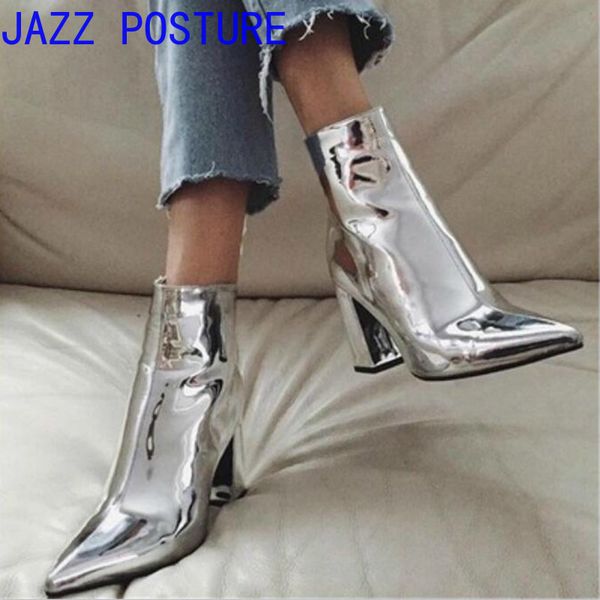 

jazzposture painted leather knight boots with sharp, thick heel and high zipper boots women high heel z109, Black