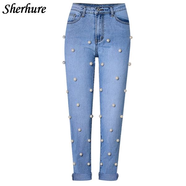 

2018 women pencil pants pearl high waist denim pants fitness slim denim solid trousers women jeans streetwear blue jeans