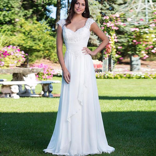 

siweetheart a line chiffon beach wedding dresses 2020 cap sleeves pleats robe marriage bridal gowns vestidos de novia, White