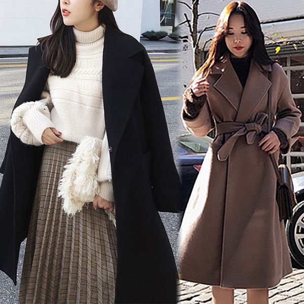 

chaqueta mujer winter coat womens winter lapel wool coat trench jacket long sleeve overcoat outwear abrigos mujer invierno 2019, Black