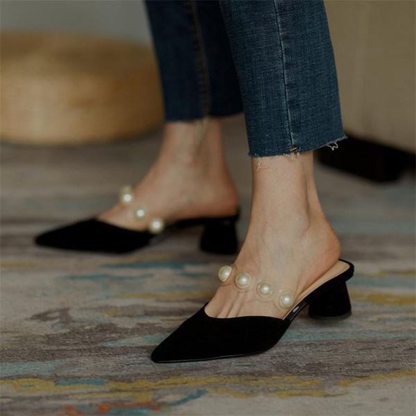 

annymoli real leather high heels transparent woman mules shoes pearl block heel pumps pointed toe female footwear beige black 40