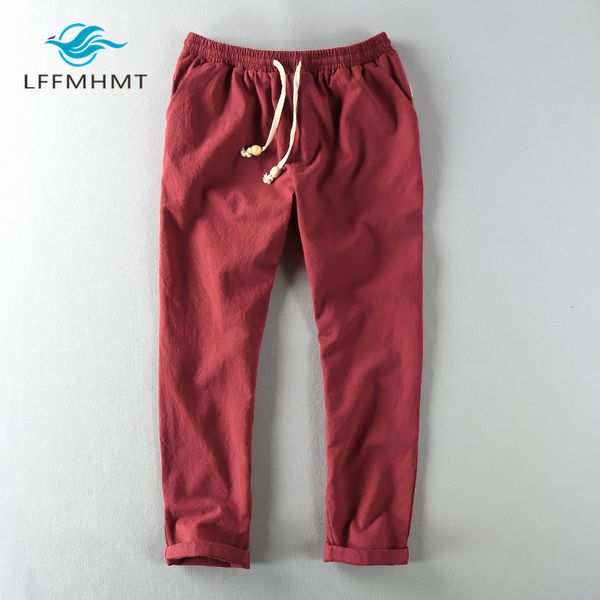 

men spring summer fashion brand japan style solid color cotton linen ankle-length pants male casual thin straight pants trousers, Black