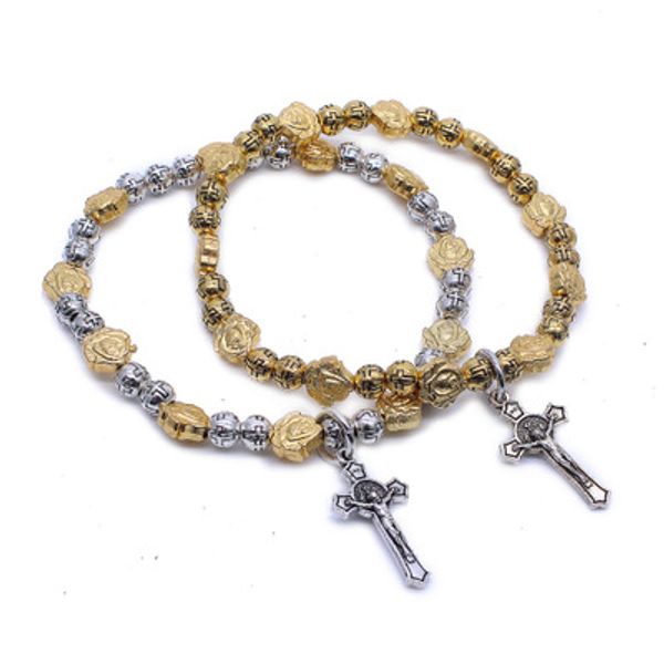 

vintage jesus cross bracelets rose charm elastic rope bangle bead bracelet for men women statement jewelry halloween christmas gift, Golden;silver