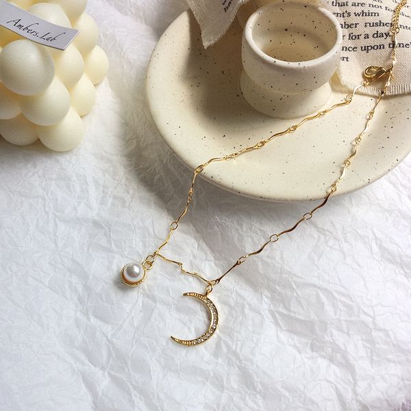 

fairy temperament gold moon pearl pendant necklace, Silver