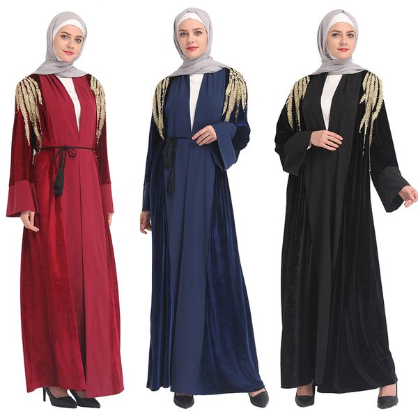 

luxury muslim velvet abaya embroidery full dresses cardigan kimono long robe gowns vestidos middle east ramadan turkish islamic, Red