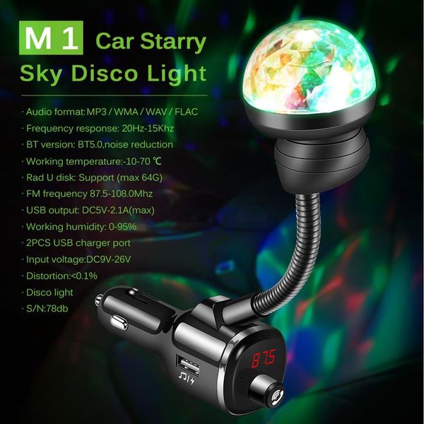 

onever car charger bluetooth 5.0 starry sky disco light dual usb charger hands-calling bluetooth car kit with music player