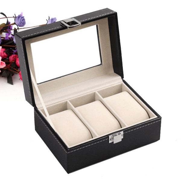 

watch box faux leather storage case gift jewelry display boxes high end faux leather organizer 3 slots grids watches caja de rel, Black;blue