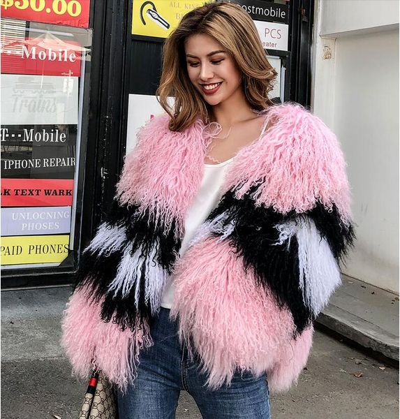 

women winter real mongolia sheep fur coat sheepskin beach wool fur jacket female outerwear, Black