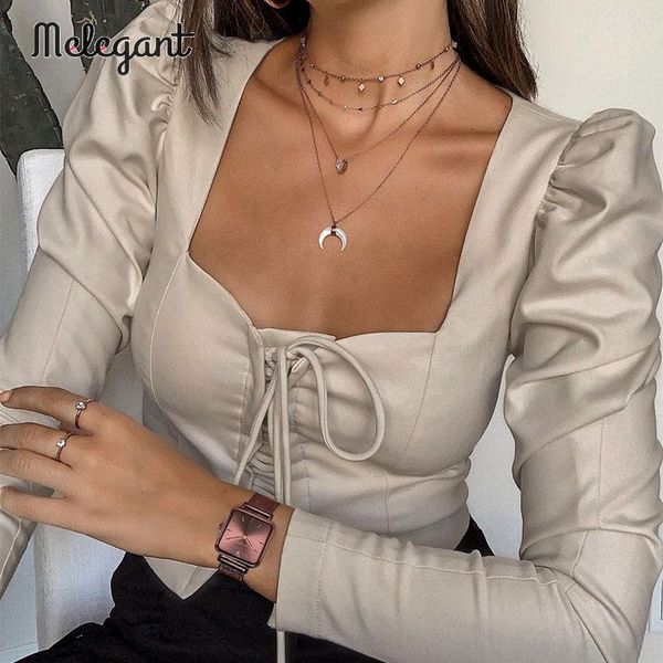 

melegant autumn solid vintage blouse shirts women winter 2020 button puff blouse shirt retro ladies blusa mujer, White