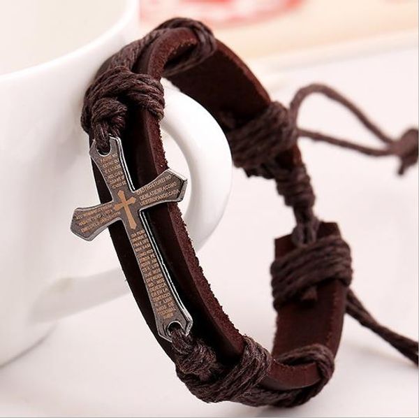 

christian cross leather bracelets fashion multilayer beaded weave charm bracelets religion belief cuff bracelet for men womem wrist jewelry, Golden;silver