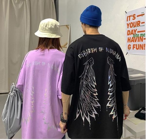 

heavy craft wings bronzing short-sleeved tee european and american fashion brand couples loose color t-shirt 2020 menswear, White;black