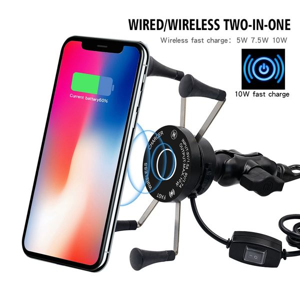 

motorcycle phone mount waterproof cell phone holder 360Â°adjustable handlebar wireless charger holder with qc 3.0 usb charg