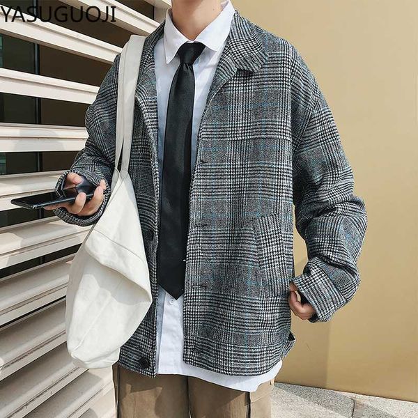 

yasuguoji vintage stylish oversized tweed plaid jacket coat women 2020 fashion long sleeve pockets blazer outerwear chic, Black;brown