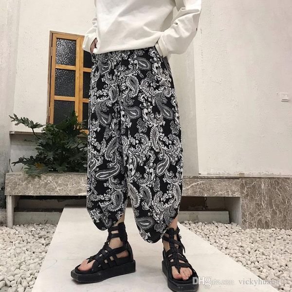 

men pant summer thin fashion print wide leg casual pants male women streetwear loose harem trousers travel beach pants, Black
