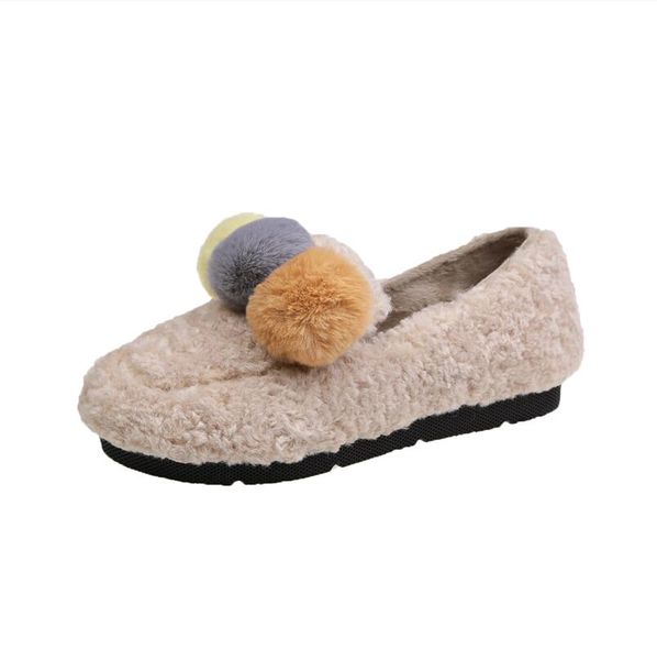 

peas shoes female 2019 winter fur shoes plus velvet warm round head flat pedals cotton hair ball scoop single, Black