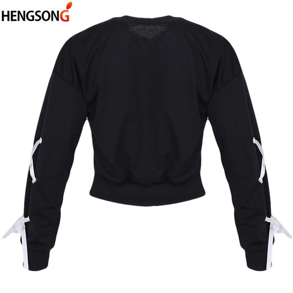 

lace up sleeve crop sweatshirt autumn women pullovers o neck cute jumper 2019 long sleeve casual sweatshirt, Black
