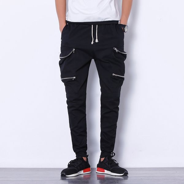 

2019 summer hip hop pants men multi-pockets zippers harem pants joggers mens casual solid streetwear men, Black