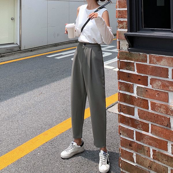 

fitting high waist casual streetwear women pants office ladies thin slim women's summer trousers loose fashion long female pants, Black;white