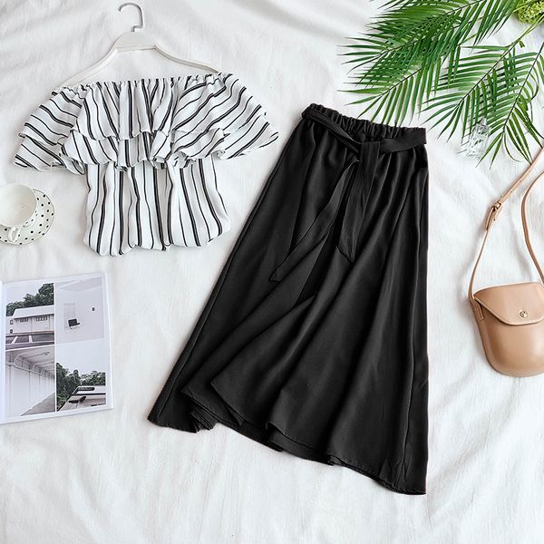 

2019 summer slash neck striped blouse+ a-line bow skirt women 2pcs fashion suit knee length skirt female striped set, White