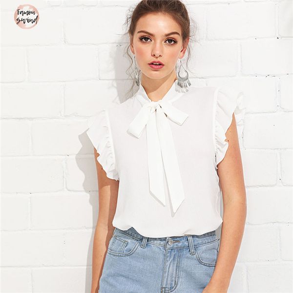 

blouse women white elegant workwear flounce shoulder tied neck stand collar ruffle summer weekend casual shirt top
