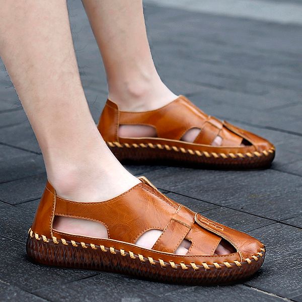 

new genuine leather mens hiking shoes man summer beach sandals flats outdoor walking shoes male sport sneakers climing footwear