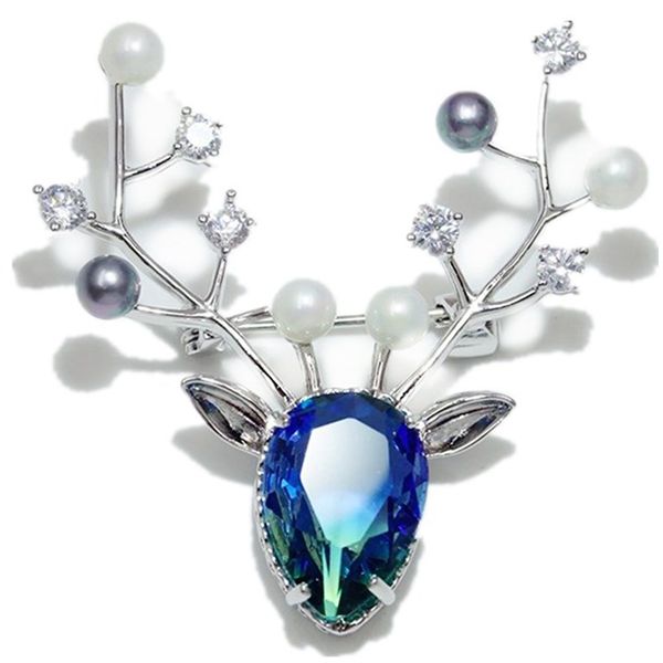 

cute animal reindeer antler deer brooch lady men's imitation pearl zircon christmas brooch fashion jewelry, Gray