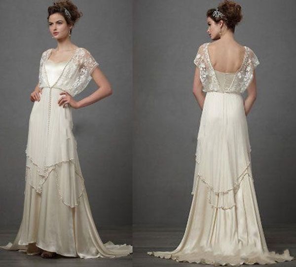 

vintage 1920s deane lita wedding dresses with sleeves 2018 modest fairy lace chiffon v-neck full length bridal wedding gown, White
