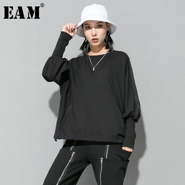 

eam] сыпучие fit черный крупногабаритной толстовка новой шея длинного рукава фонарь женщина большого размер мода весна осень 2020 1d691, Black