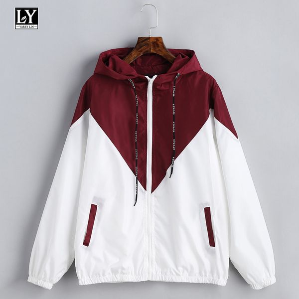 

ly varey lin hooded two tone windbreaker jacket women casual zipper pockets long sleeves femme coats outwear new 2018, Black;brown